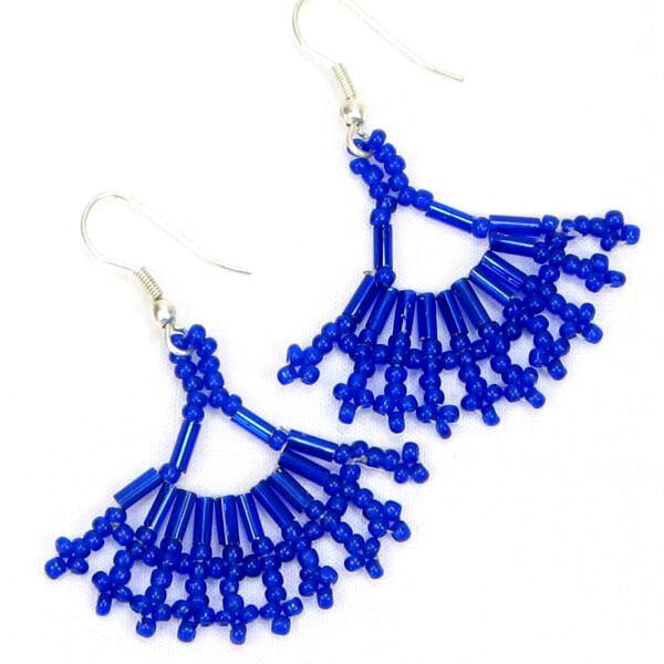 Handmade Beaded Blue Bugle Seed Bead Small Earrings
