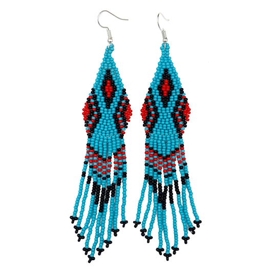 Cyan Blue & Red Ethnic Beaded hook Earrings