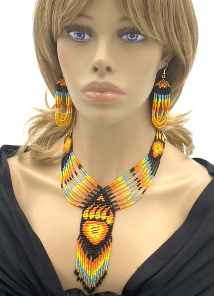 Fiery Orange Black Bear Paw Beaded Necklace and Earrings Set