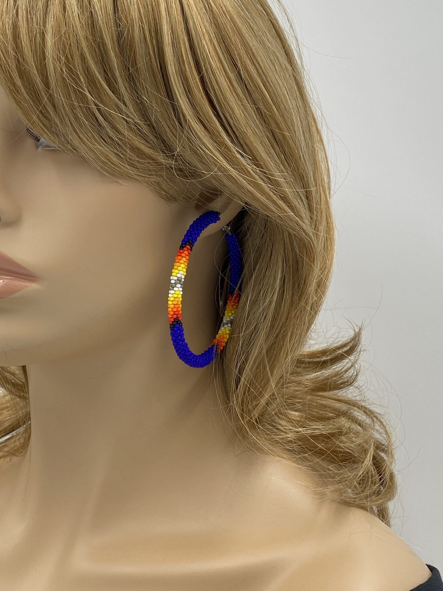 Handmade Native Style 3 Inch Hoop Earrings with Czech Seed Beads - Deep Blue