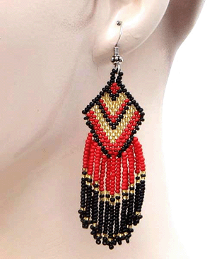 Handmade Beaded Red Black Seed Bead Big Earrings