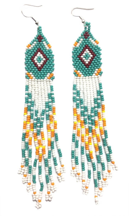 Handmade Beaded Blue White Long Chandelier Earrings