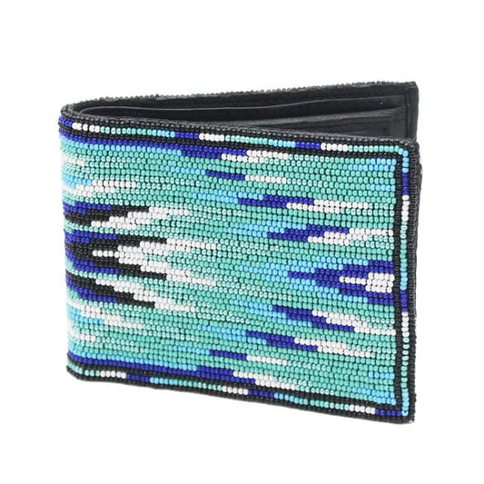 Handmade beaded Native American style genuine leather Men's bifold Wallet/purse - Sea Green Blue