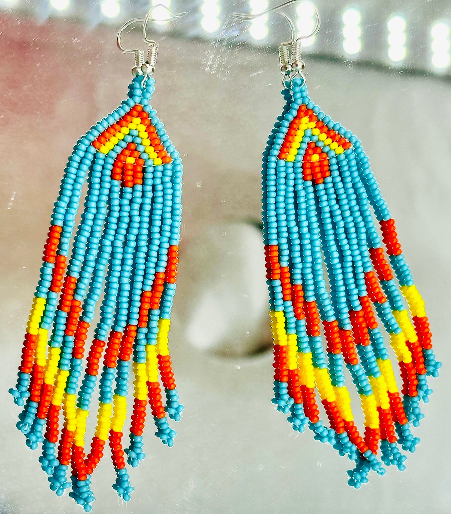 Handmade beaded Cyan Blue Orange boho earrings