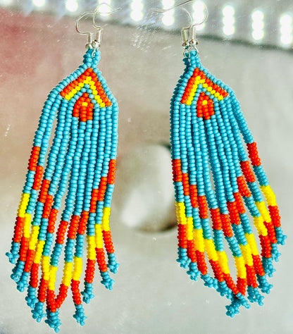 Handmade beaded Cyan Blue Orange boho earrings
