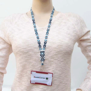 Blue White Black Geometric Art Beaded Lanyard Id Holder Handmade