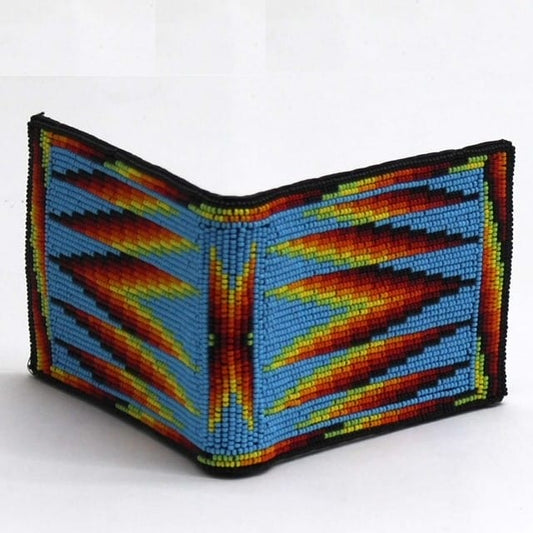 Handmade beaded Native American style genuine leather Men's bifold Wallet/purse - Cyan Blue Fire