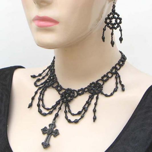 Seed Beaded Black Victorian Cross Statement Necklace Earrings Set