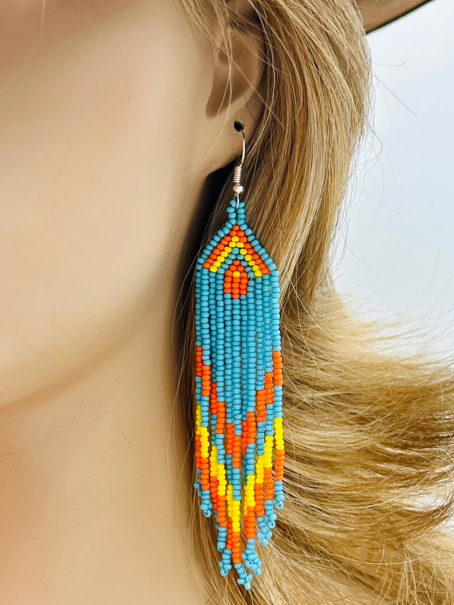 Handmade beaded Cyan Blue Orange boho earrings