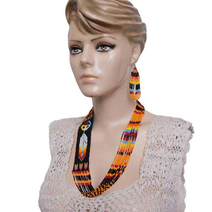 Vibrant Black Fire Feather Beaded Jewelry Set