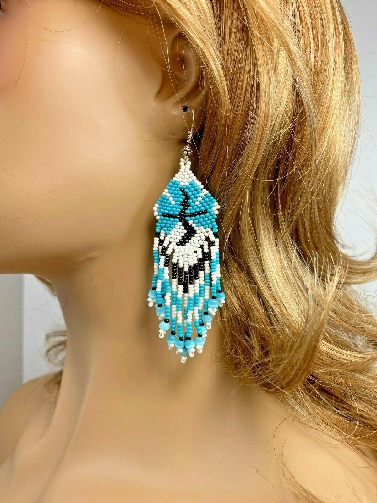 Native Style Ethnic Blue White Seed Beaded Handmade Chandelier Earrings E11/1