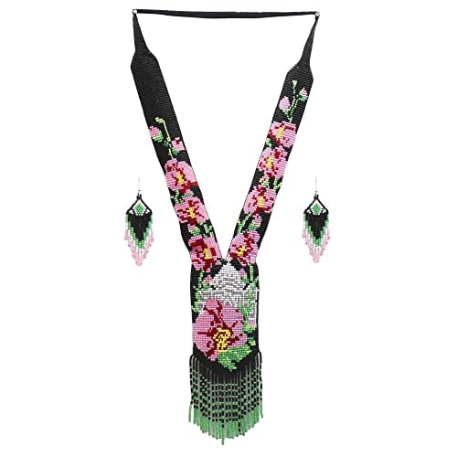 Native Tribal Style Long Statement Beaded Necklace for Women Y Shape - Black Pink Flower