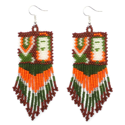 Handmade Beaded Yei Dancer Orange Green Seed Bead Big Earrings