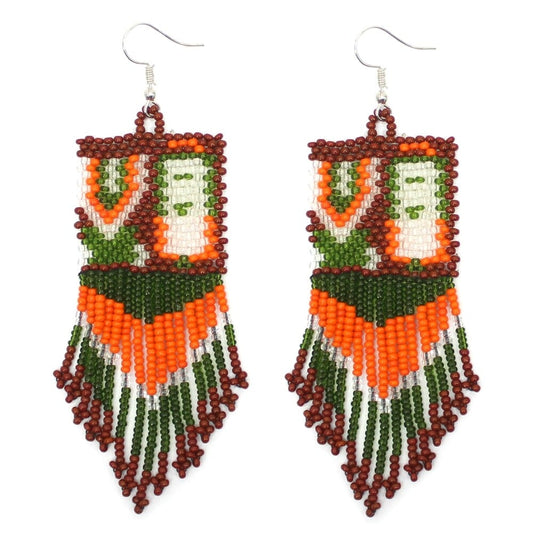 Handmade Beaded Yei Dancer Orange Green Seed Bead Big Earrings