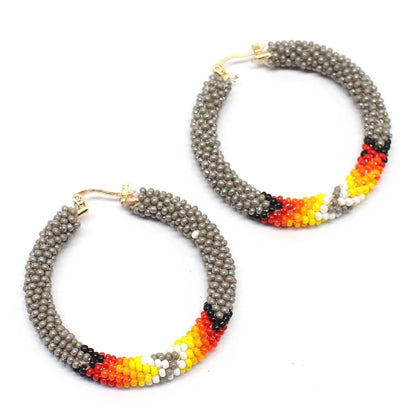 Handmade beaded Grey 2 inch Native style Hoop earrings