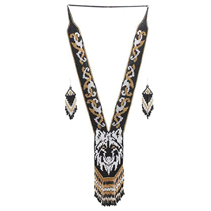 Native Tribal Style Long Statement Beaded Necklace for Women Y Shape - Black White Animal
