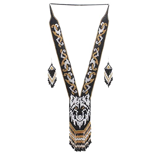 Native Tribal Style Long Statement Beaded Necklace for Women Y Shape - Black White Animal