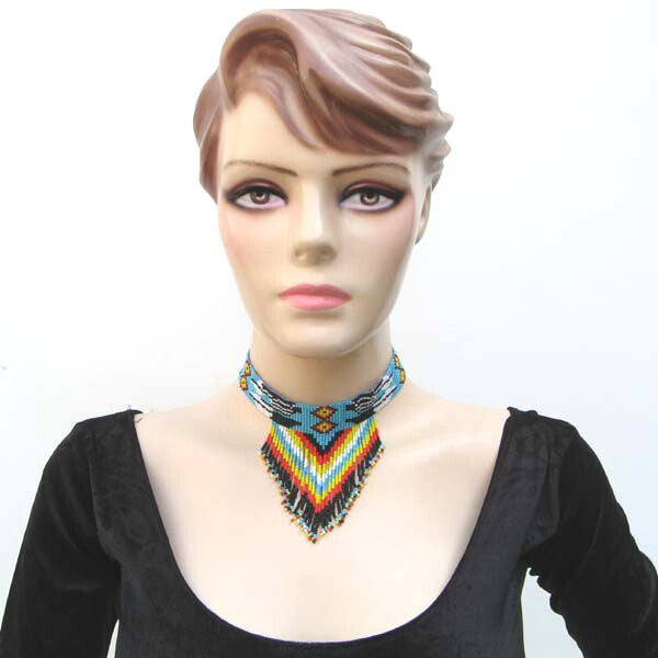 Handmade Beaded Blue Black Medicine Man'S Eye Bib Necklace