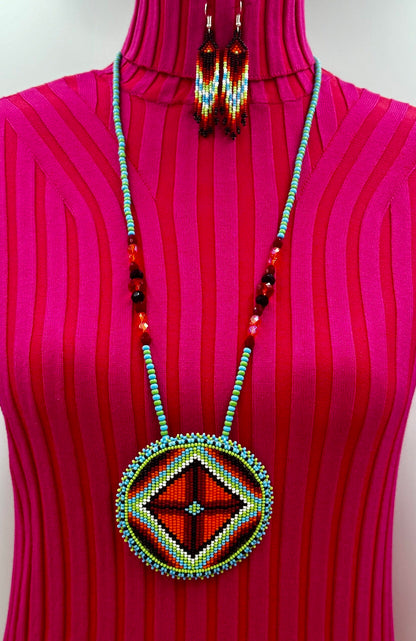 Handmade beaded Green Orange medallion necklace earrings set