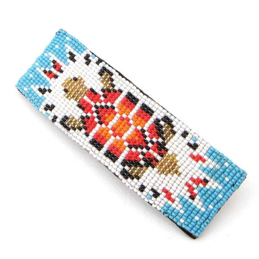 Handmade Beaded Barrette French Clip with Turtle Pattern in Cyan Blue, White and Red