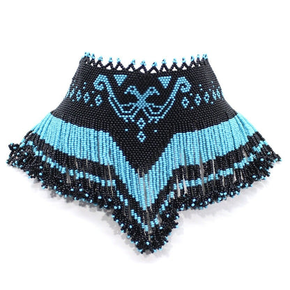 Handmade Black Blue Seed Bead Eagle Beadwork Choker Bib Necklace