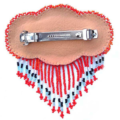 Beaded Barrette French Clip Red Rossette Fringe Beadwork