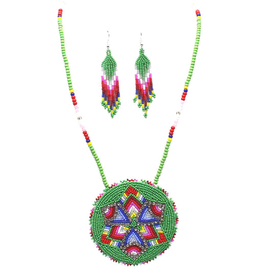 Handmade beaded Green Red Star necklace earrings set