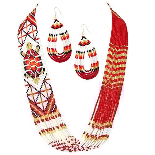 Vibrant Red Turtle Beaded Necklace Earrings Set