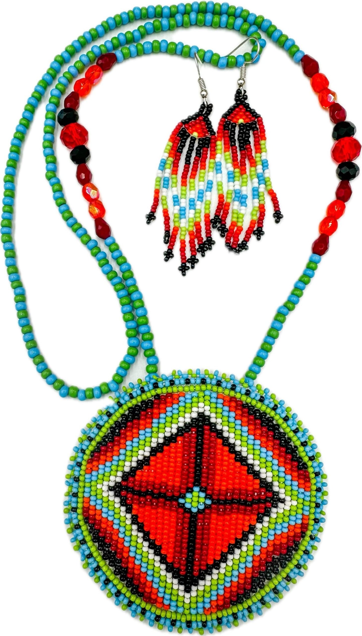 Handmade beaded Green Orange medallion necklace earrings set