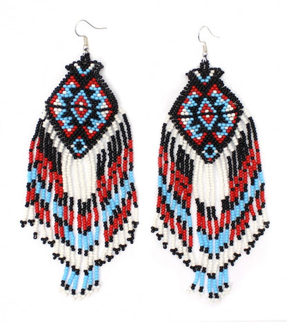Handmade Beaded White Red Black Long Hook Earrings