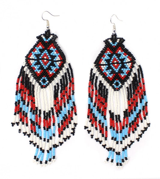 Handmade Beaded White Red Black Long Hook Earrings