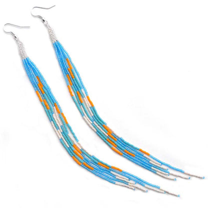 Iris Blue Multi Glass Seed Beads Beaded Extra Long Earrings 7.5 Inch