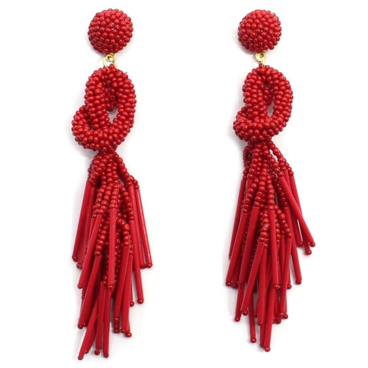 Handmade Beaded Solid Color Post Statement Earrings for Women Girl All Season - 4 inch Long Dangle with Celtic Knot Design - Czech Seed Beads - Red