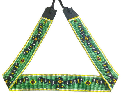 Handmade Czech Seed Bead Adjustable Hat Band – Green Western Hatband with Yellow and Black