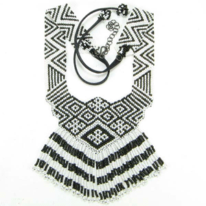 Handmade Beaded Black White Seed Bead Geometric Art Necklace