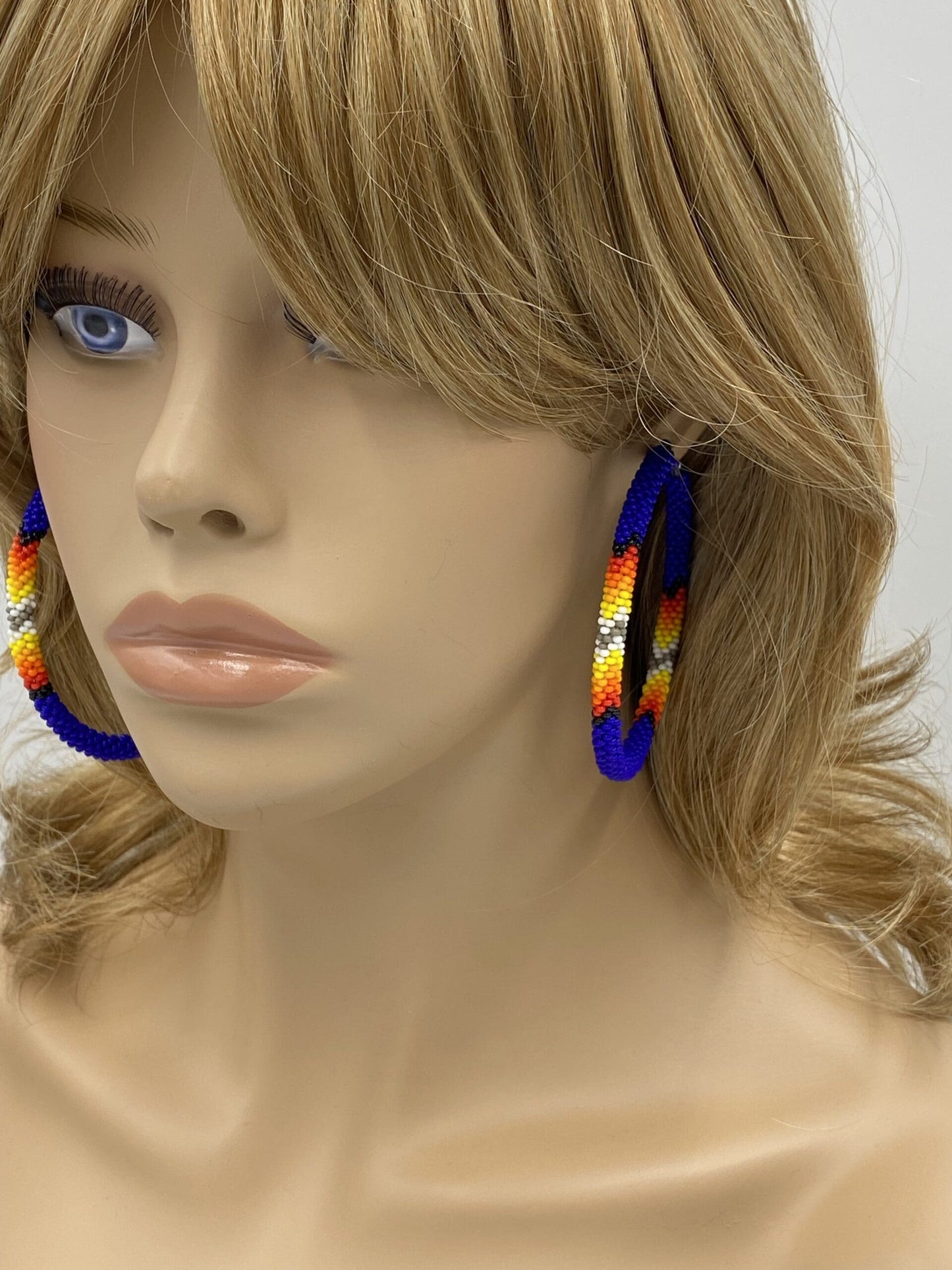 Handmade Native Style 3 Inch Hoop Earrings with Czech Seed Beads - Deep Blue