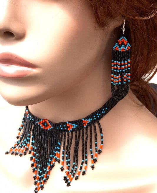 Black &amp; Turquoise Beaded Necklace and Earrings Set