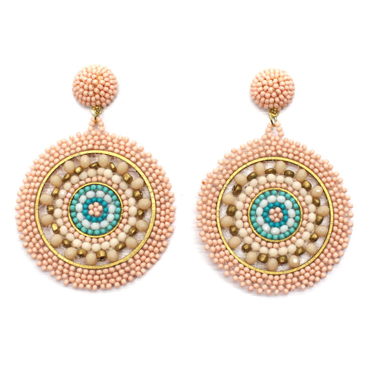 Handmade Beaded Bright Neon Colorful Post Round Earrings for Women Girl All Season - Salmon