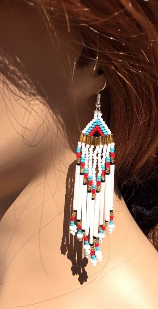 Handmade Beaded White Chandelier Earrings