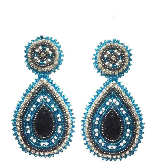 Handmade Beaded Teardrop Shape Post Earrings with Czech Seed Beads - 3 Inches Long, 1.5 Inch Wide - Cyan Blue
