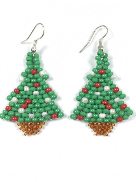 Handmade Beaded Christmas Tree Green Seed Bead Small Earrings