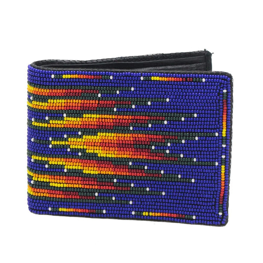Handmade beaded Native American style genuine leather Men's bifold Wallet/purse - Blue Galaxy Fire