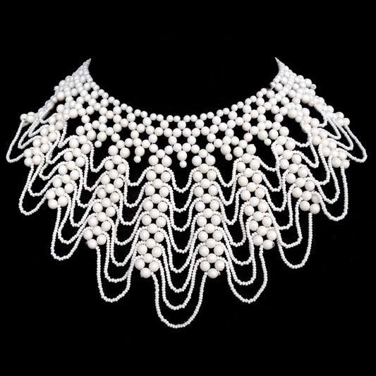 White Beaded Grand Victorian Bib Necklace Earrings Set