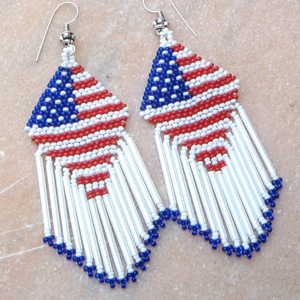American Patriotic Colors Red Blue White Seed Bead Earrings