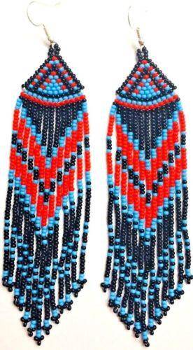 Handmade Beaded Black, Cyan Blue, Red Earrings - Geometric Pattern, Silver Finish