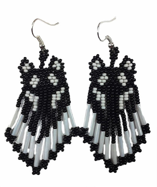 Handmade Beaded Black Seed Bead Wolf Big Earrings