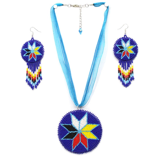 Handmade Beaded Deep Blue Medallion 4 Directions Necklace Earrings Set