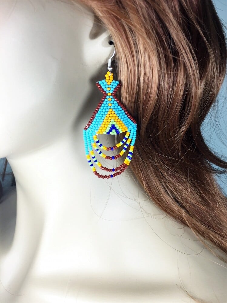 Handmade Turquoise Blue, Brown Tepee Style Earrings 3 Inches Long