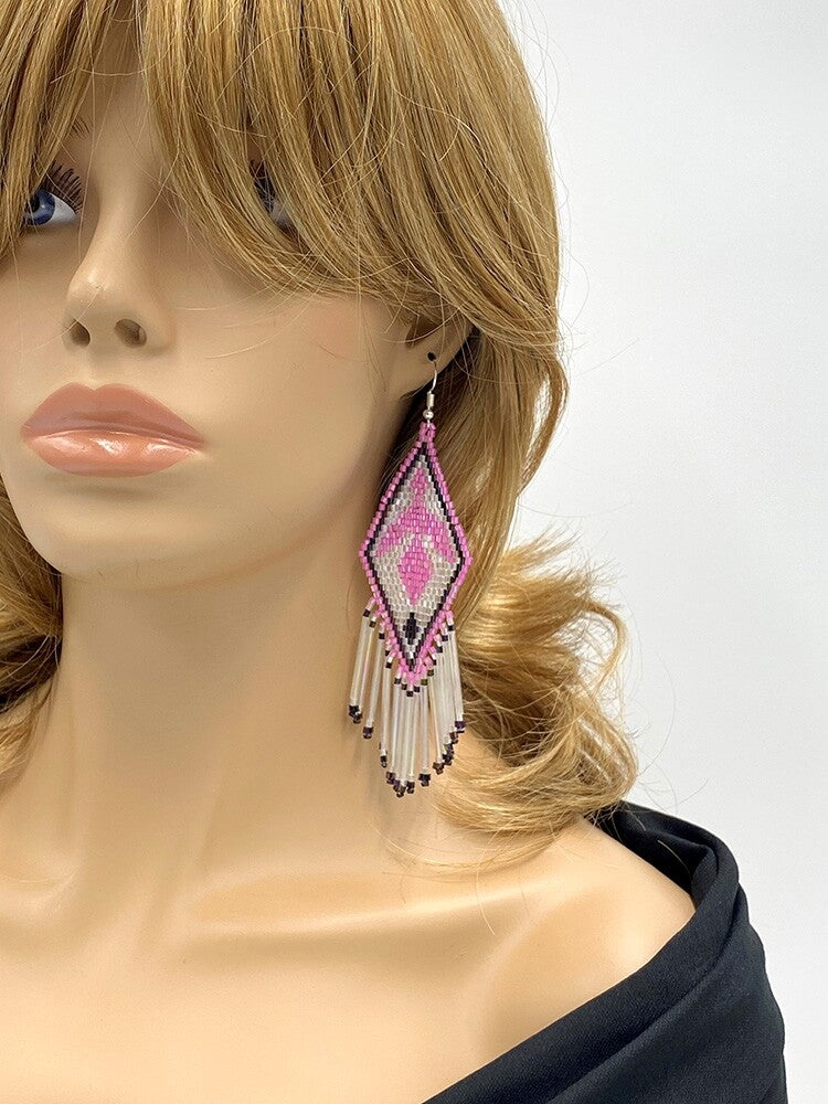 Handmade Beaded Pink White Delica Seed Bead Eagle Earrings