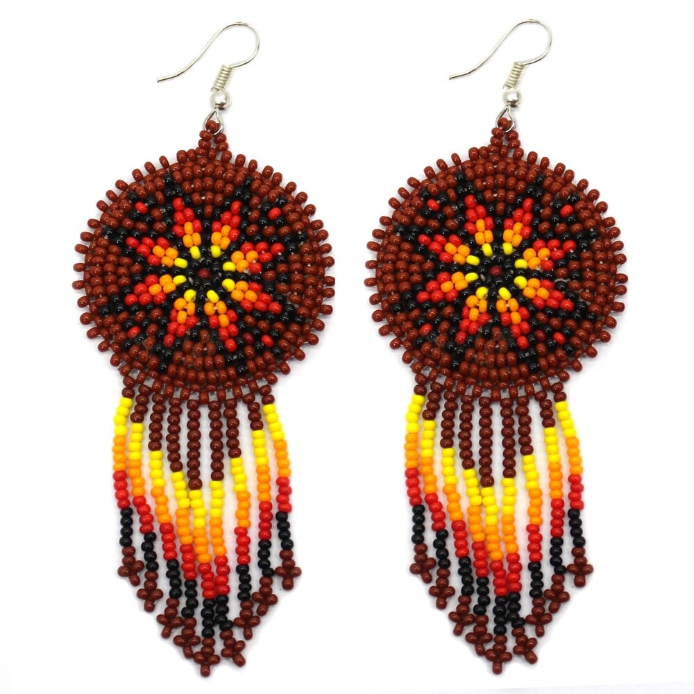 Handmade Beaded Brown Fire Color Flower Round Fringe Hook Earrings